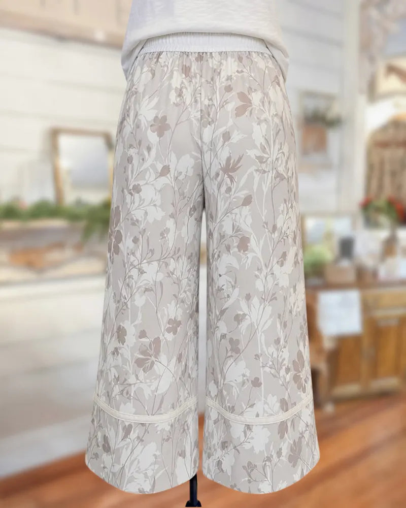 Elastic Waist Floral Print Pocketed Wide Leg Casual Culottes