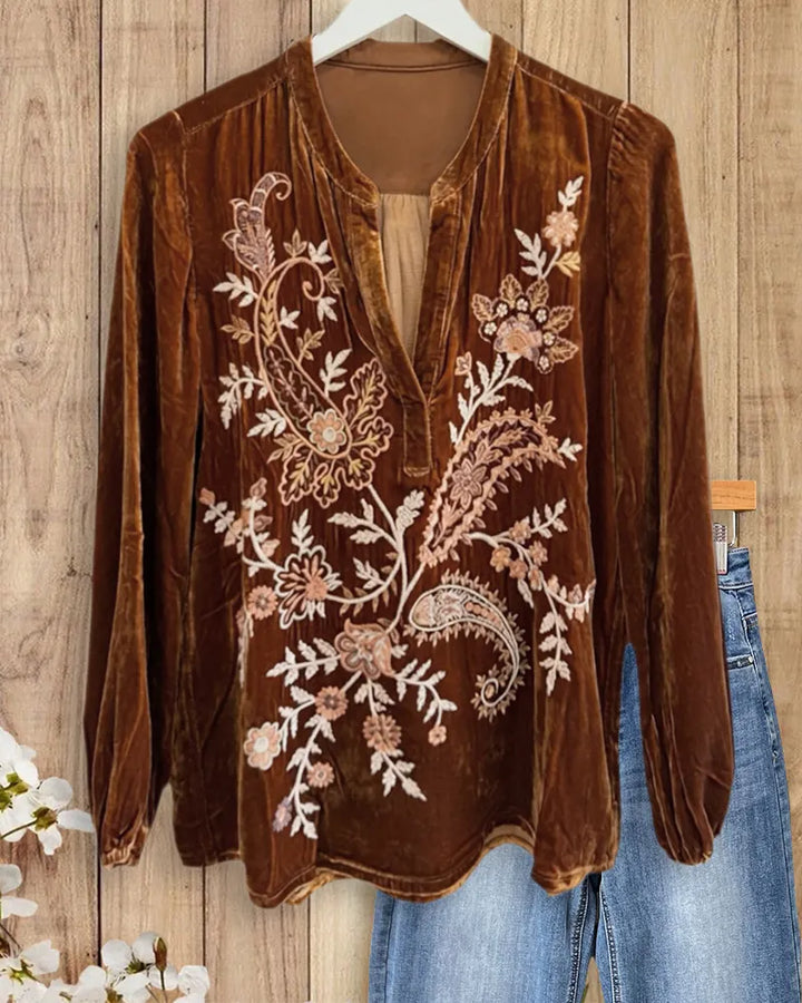 Velvet Floral Embroidery V Neck Long Sleeve Elegant Blouse