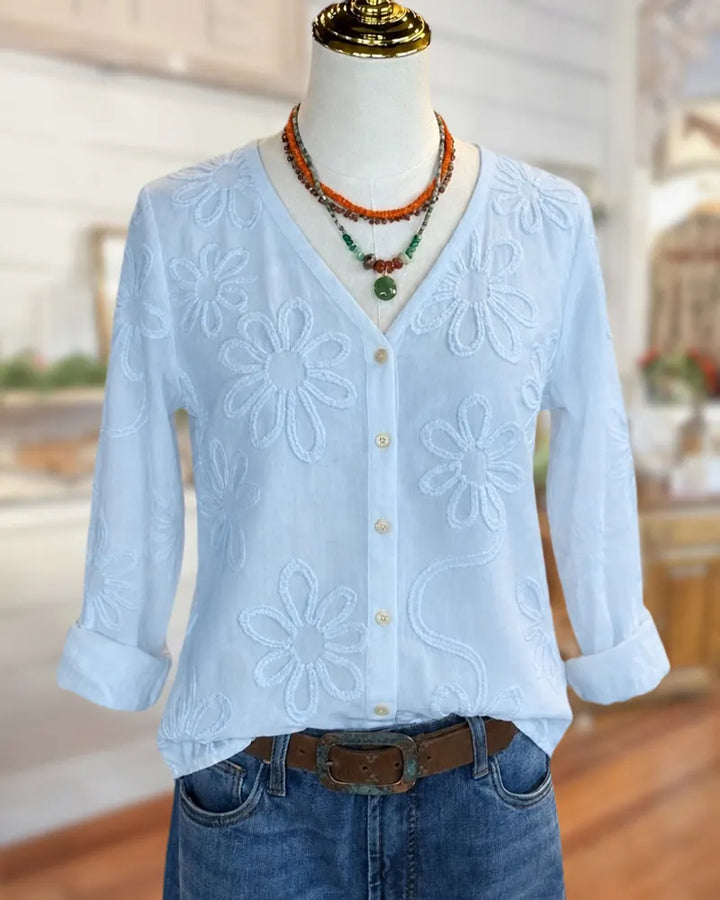 V Neck Floral Embroidered Blouse
