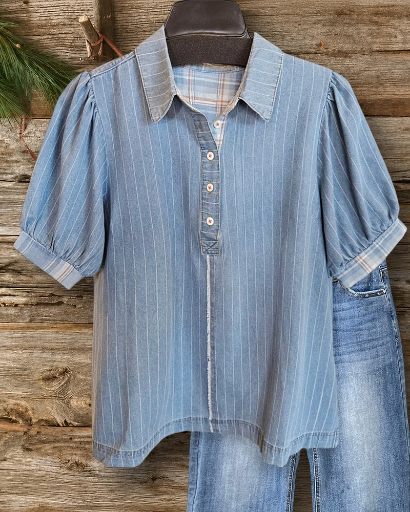 Striped Puff Sleeve Collared Half Placket Relaxed Fit Casual Blouse