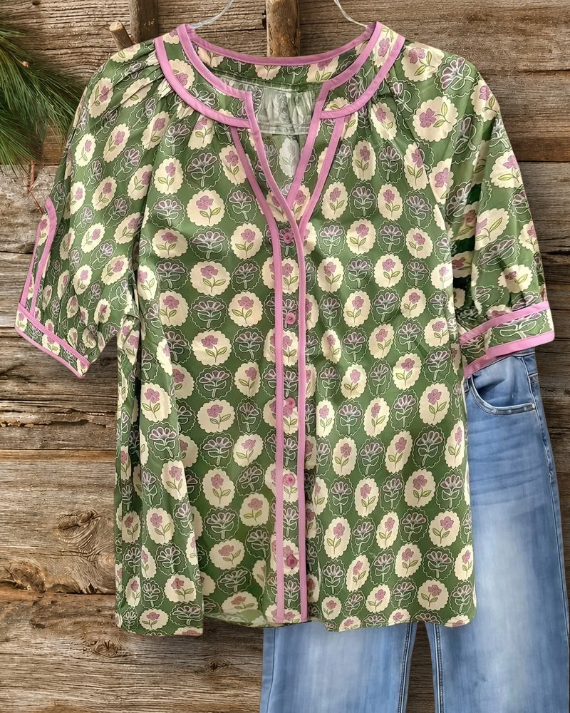 Floral Print Piping Pastoral Button Up Blouse