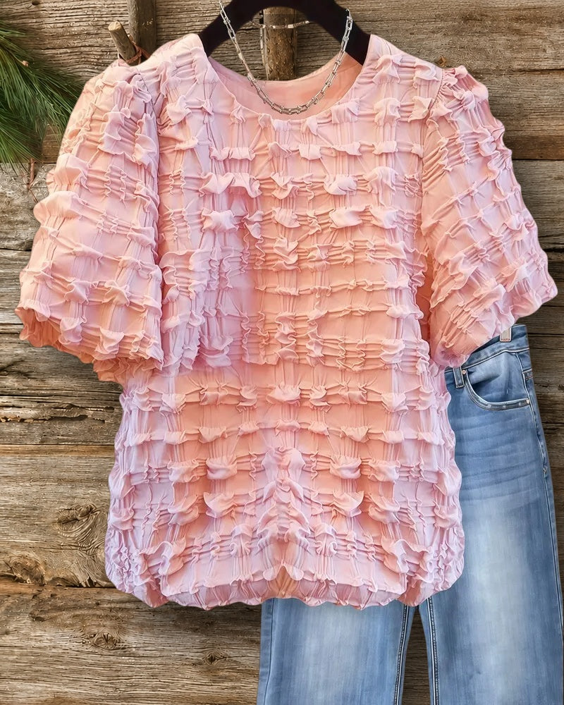 Solid Color Round Neck Unique Textured T-Shirt