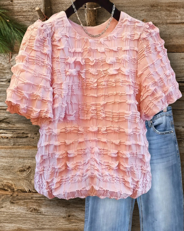 Solid Color Round Neck Unique Textured T-Shirt