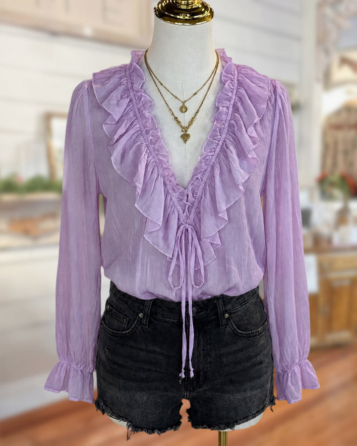 Ruffled V Neck Tie Front Ruffled Cuff Long Sleeve Blouse