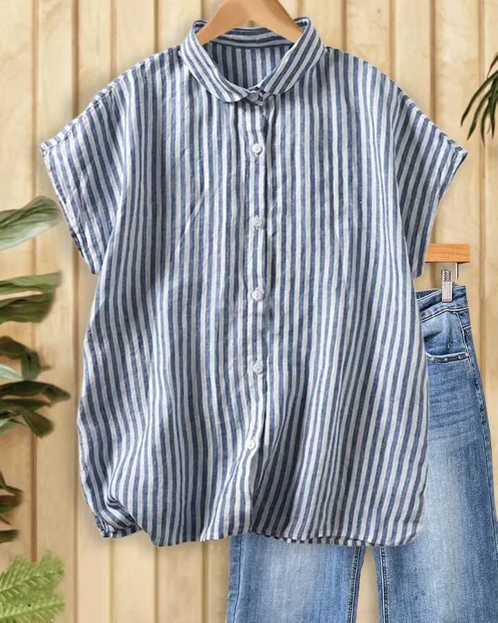 Striped Button Front Peter Pan Collar Short Sleeve Loose Casual Shirt