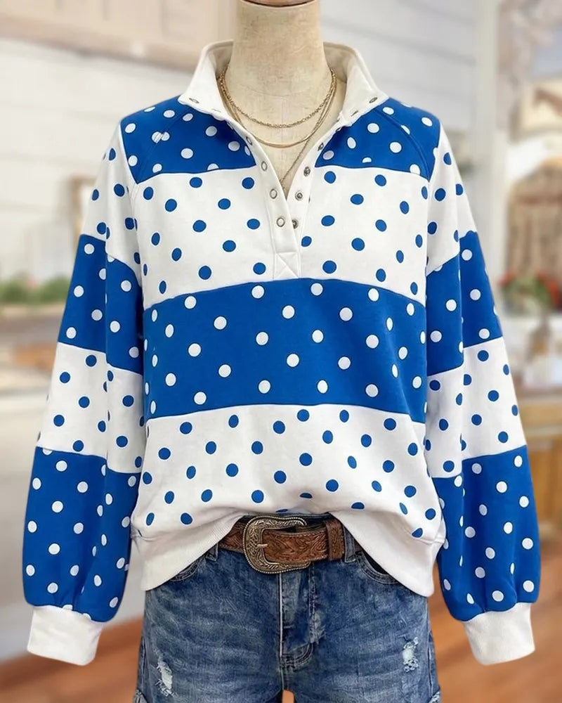 Polka Dot Color Block Snap Placket Loose Fit Raglan Sleeve Sweatshirt