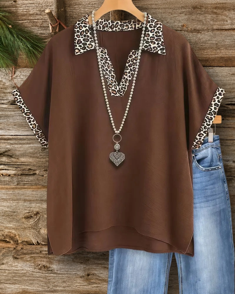 Leopard Trim V Neck Commuting Shirt