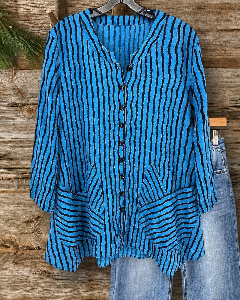 Striped Classic Button Front Pocket Irregular Blouse