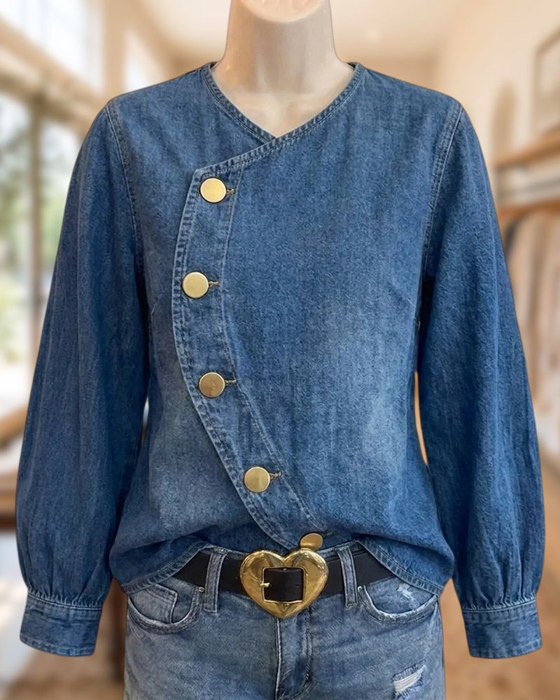 V Neck Asymmetric Button Placket Long Sleeve Chic Denim Shirt