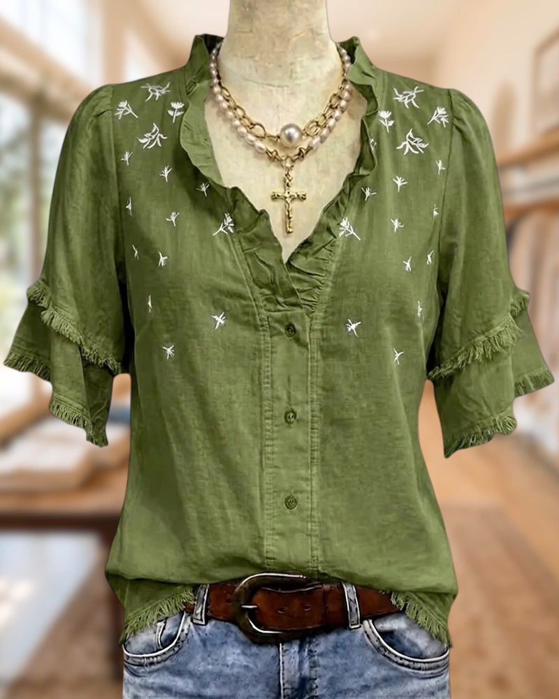 Floral Embroidered Ruffled V Neck Fringed Tiered Sleeve Blouse