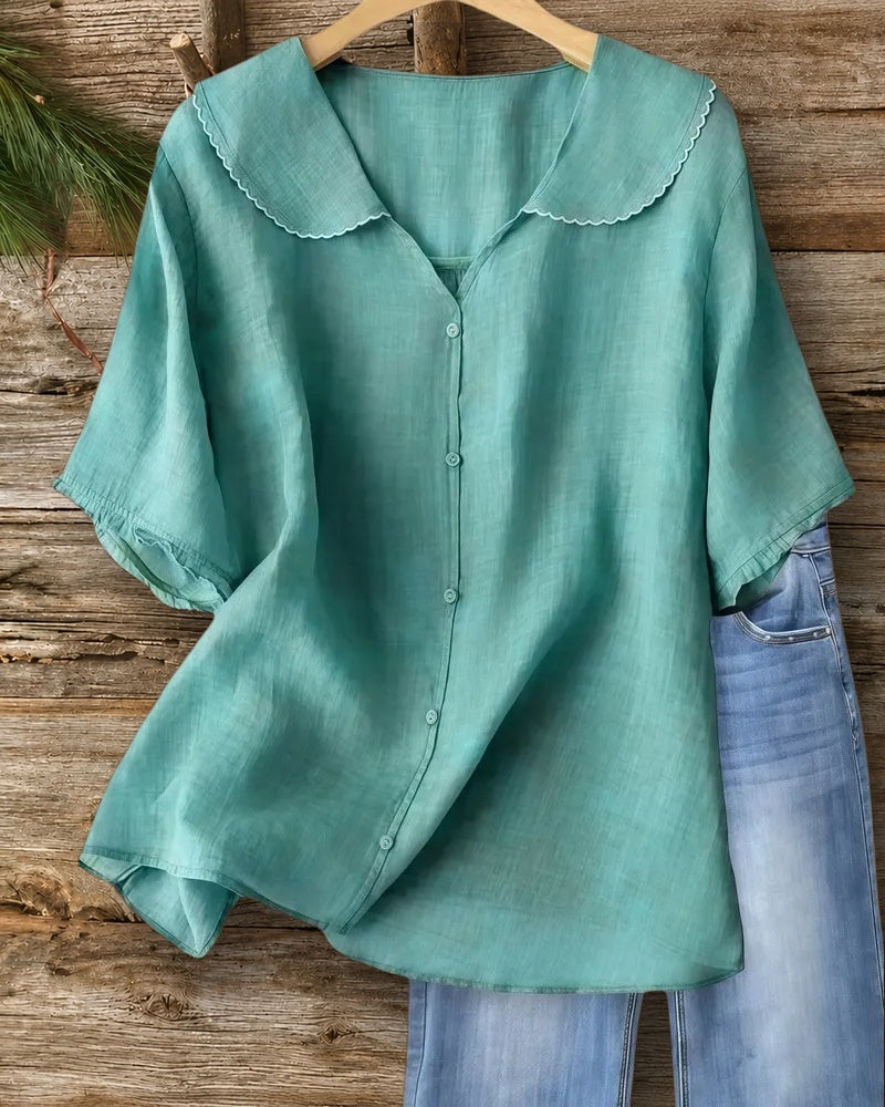 Solid Color Cute Doll Collar Button Front Blouse