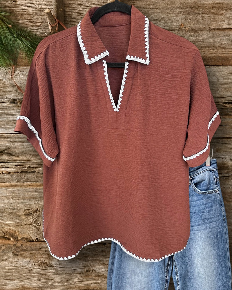 Collared Contrast Trim Short Sleeve Loose Casual Blouse