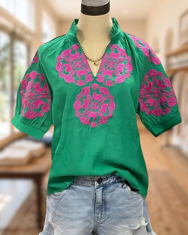 Floral Embroidery Sophisticated V Neck Blouse