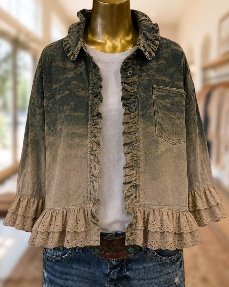 Ruffled Trim Collared 3/4 Sleeve Button Front Casual Jacket