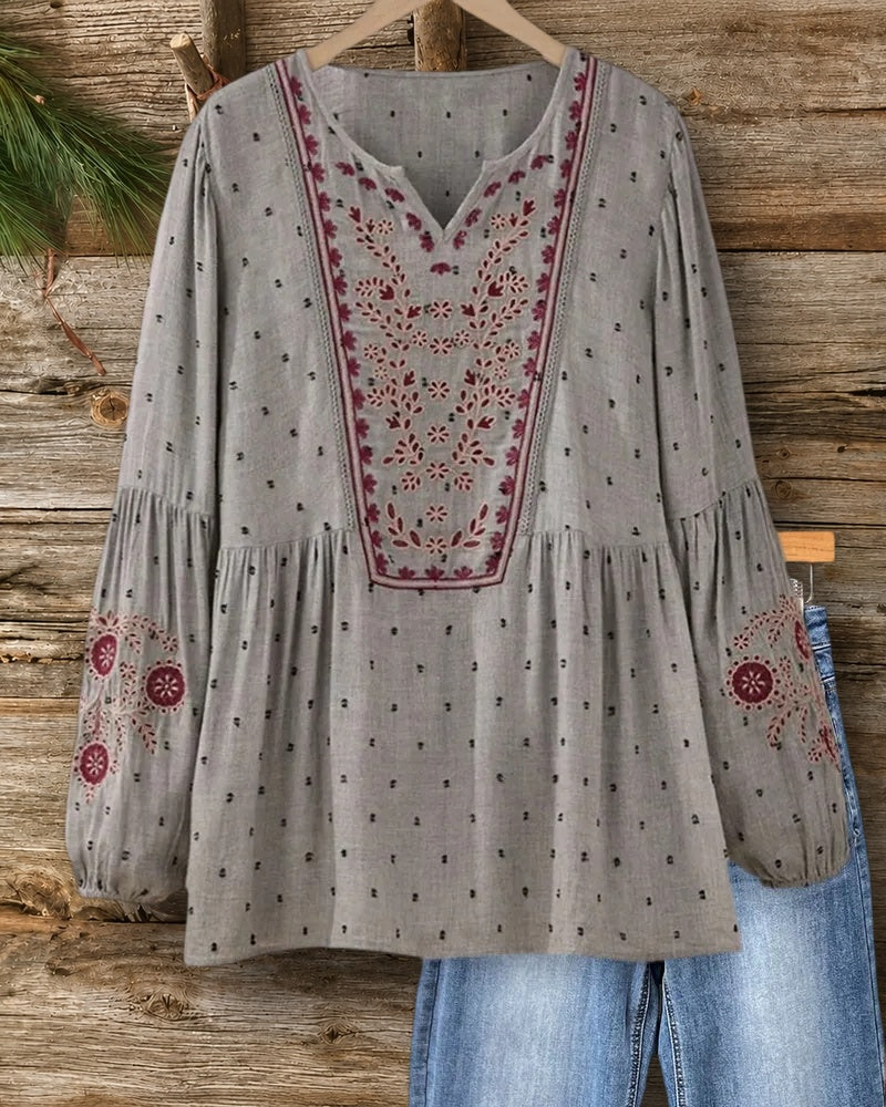 Floral Embroidery & Polka Dot Lantern Sleeve V Neck Blouse