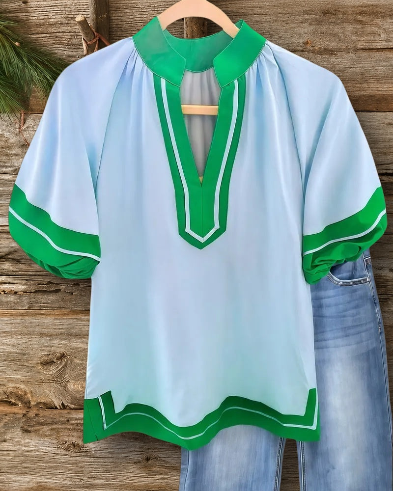 Hit Color V Neck Puff Sleeve Modern Blouse