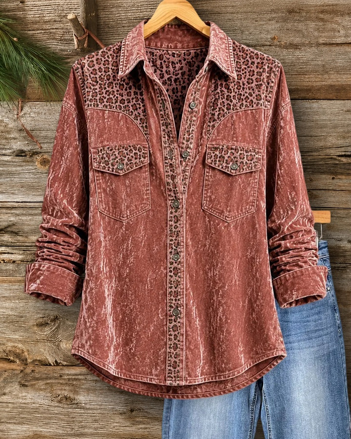 Leopard Patchwork Button Down Chest Pocket Long Sleeve Shirt