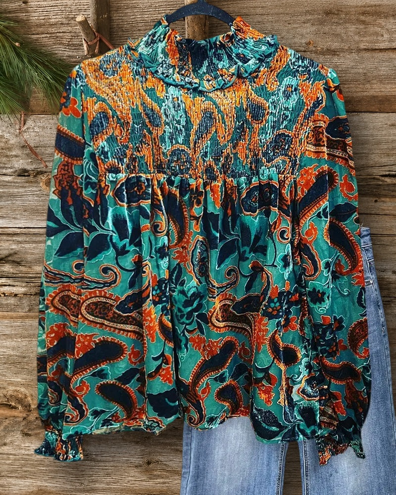 Velvet Paisley Print Bohemia Smocked Blouse
