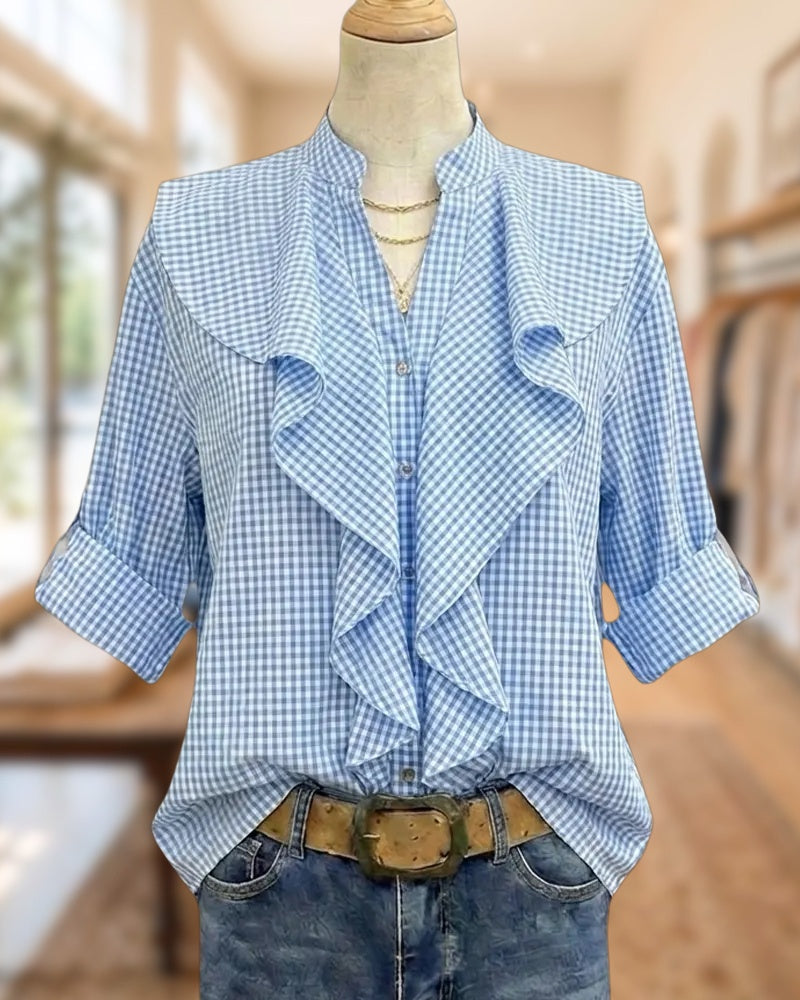 Ruffled Front Gingham Rolled Cuff Stand Collar Button Down Blouse