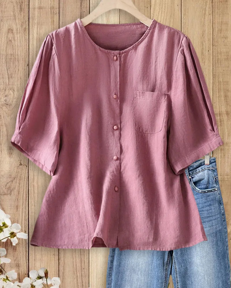Button Front Short Sleeve Chest Pocket Relaxed Casual Blouse