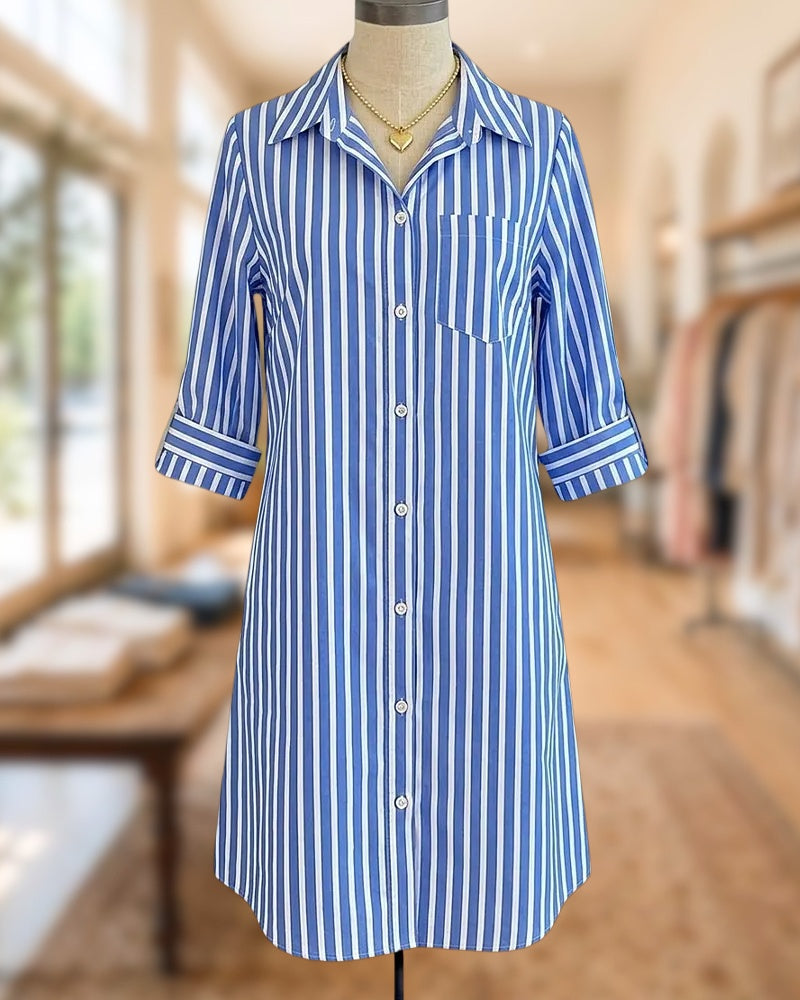 Striped Button Front Collared Pocket Shirt Midi Dress