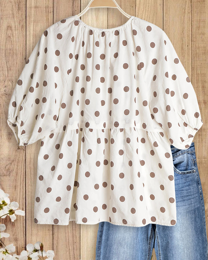 Polka Dot Button Front Puff Sleeve O Neck Cozy Blouse