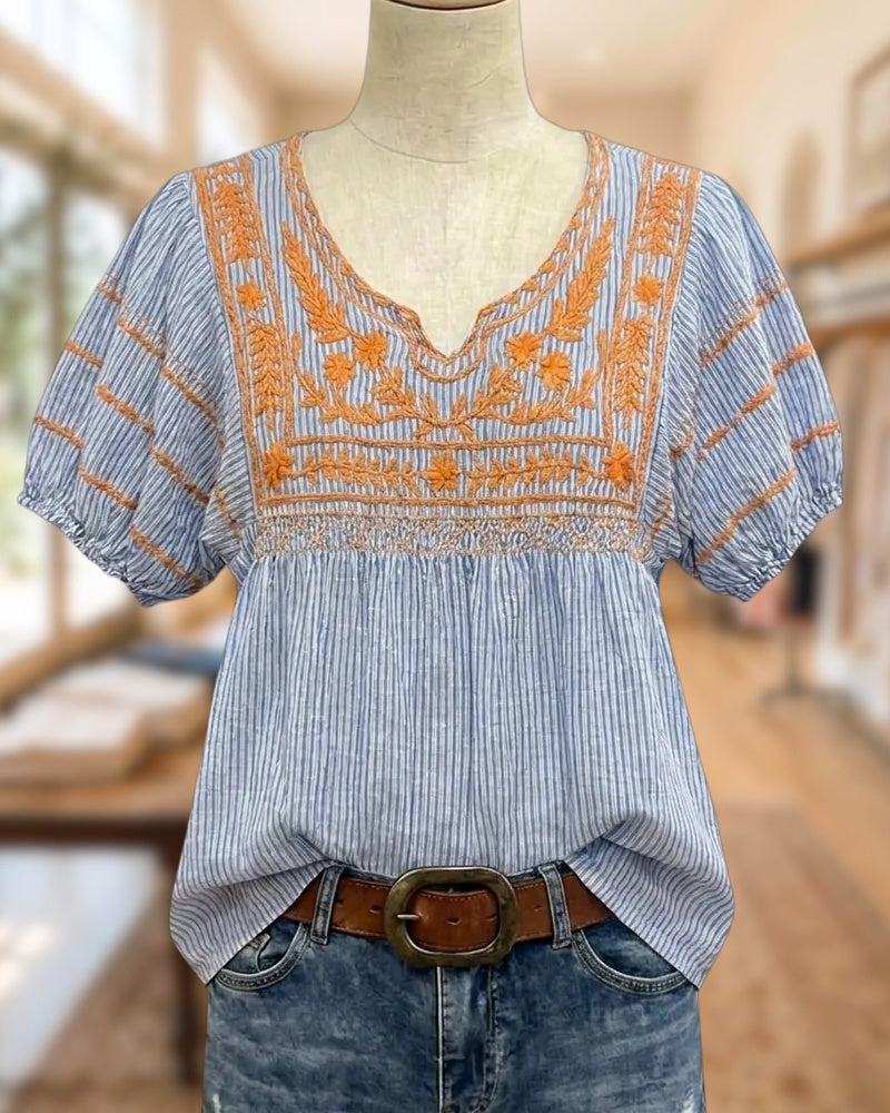 Embroidered Striped Puff Sleeve V Neck Smocked Casual Blouse
