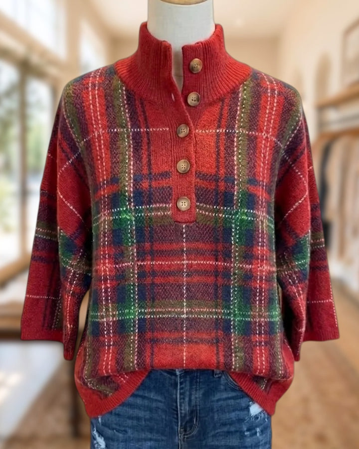 Plaid Stand Collar 3/4 Sleeve Knit Sweater