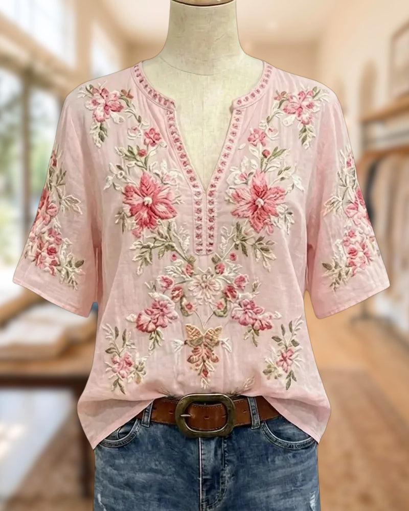 Floral Embroidered V Neck Short Sleeve Casual Loose Blouse