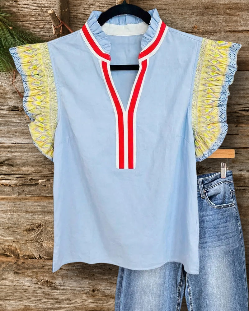 Ruffled Stand Collar Contrast Placket Flutter Sleeve Casual Blouse