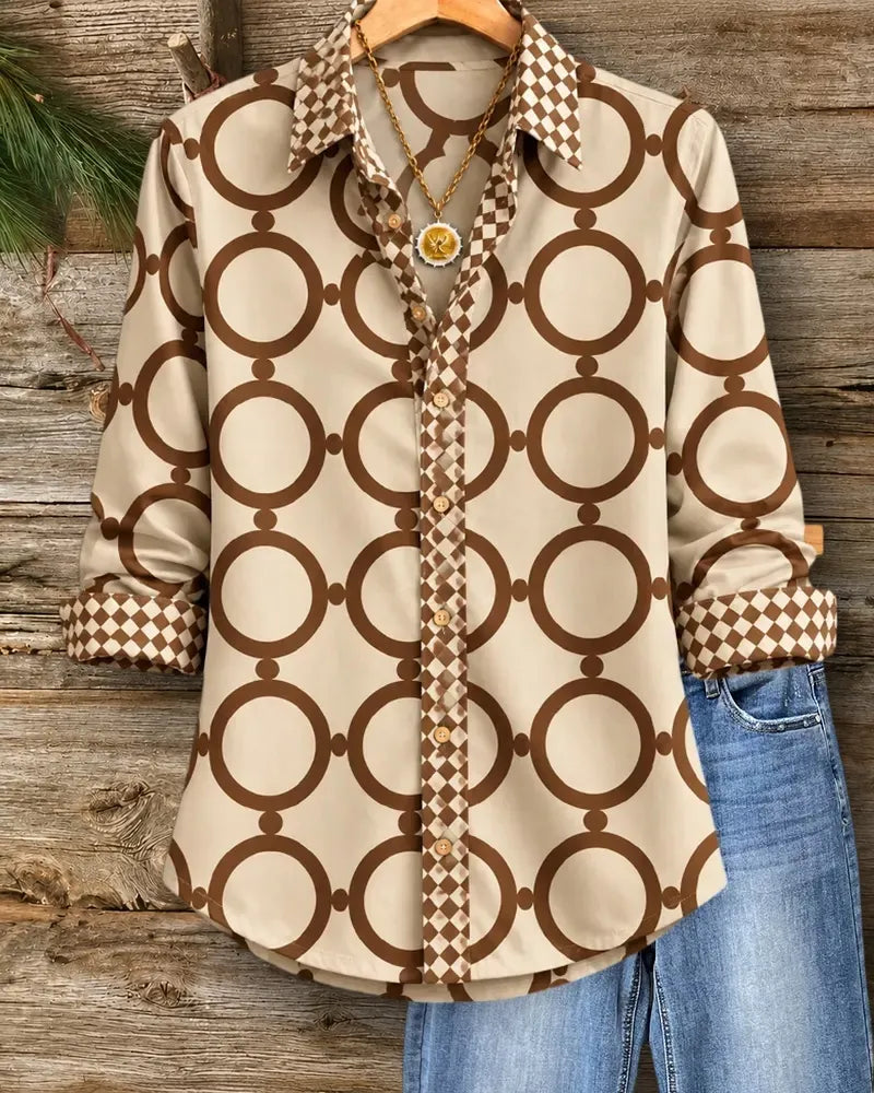 Mixed Geometric Print Collared Button Down Long Sleeve Shirt