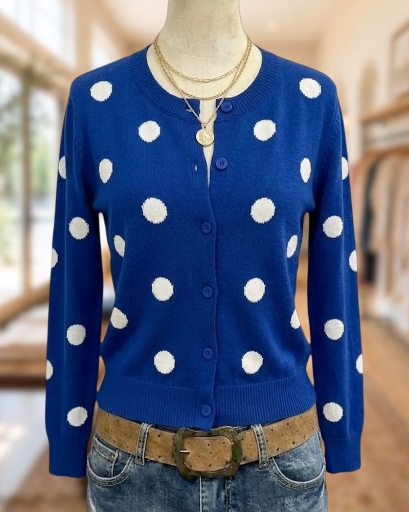 Polka Dot Button Front Long Sleeve Casual Knit Cardigan