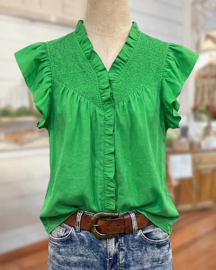 Ruffle Trim V Neck Smocked Flutter Sleeve Casual Blouse