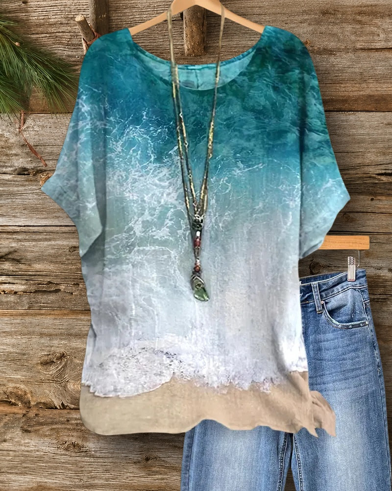Coastal Wave Print Short Sleeve Casual Comfy Daily T-shirt