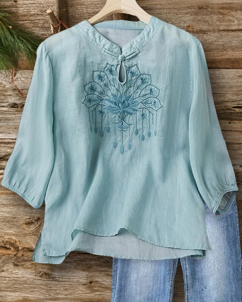 Mandarin Collar Frog Closure Embroidered 3/4 Sleeve Loose Blouse