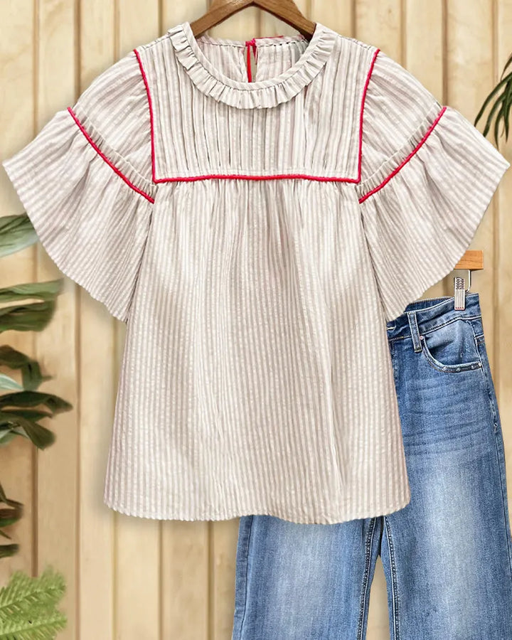 Vertical Striped Pretty Ruffled Trumpet Sleeve Blouse