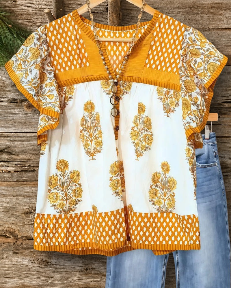 Mixed Print V Neck Button Front Relaxed Blouse