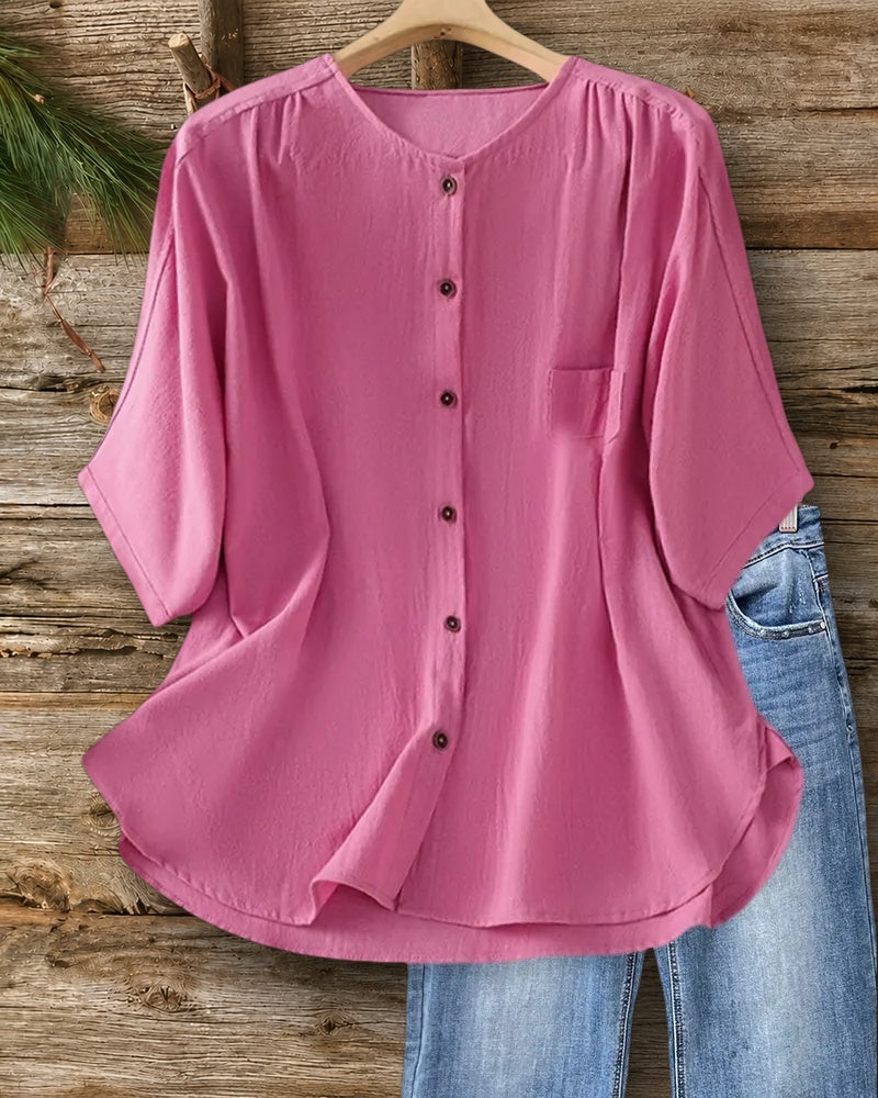 Solid Color Button Front Relaxed O Neck Blouse