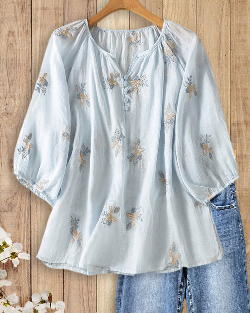 Floral Embroidered Puff Sleeve V Neck Button Front Blouse