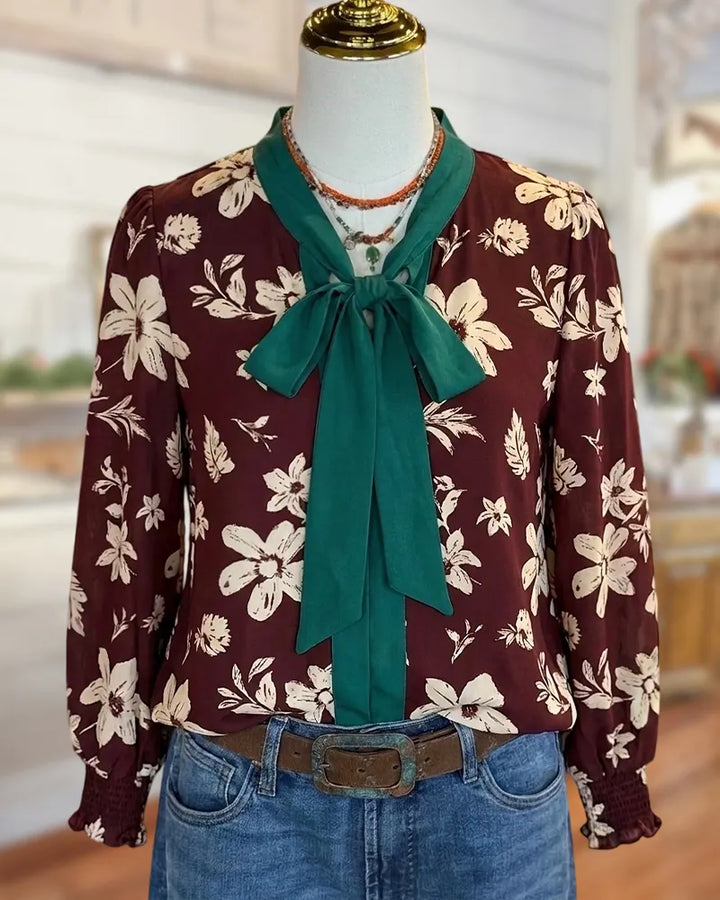 Floral Print Bow Tie Neck Long Sleeve Smocked Cuff Blouse