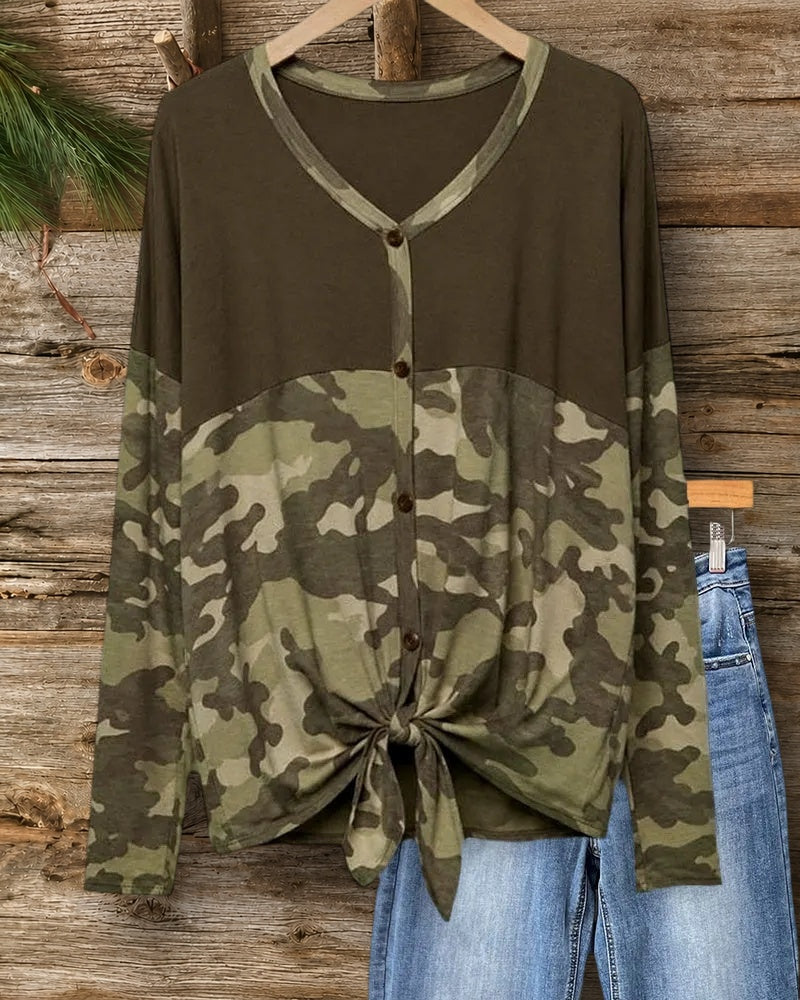 V Neck Button Up Knot Front Long Sleeve Camo Blouse