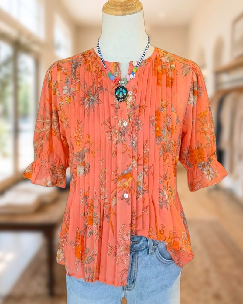Floral Print Round Neck Pastoral Button Front Pleated Blouse