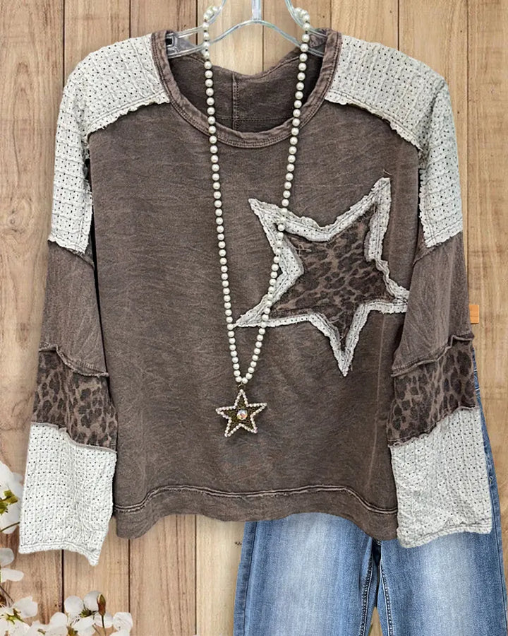 Star Applique Patchwork Contrast Panel Long Sleeve Casual Sweatshirt