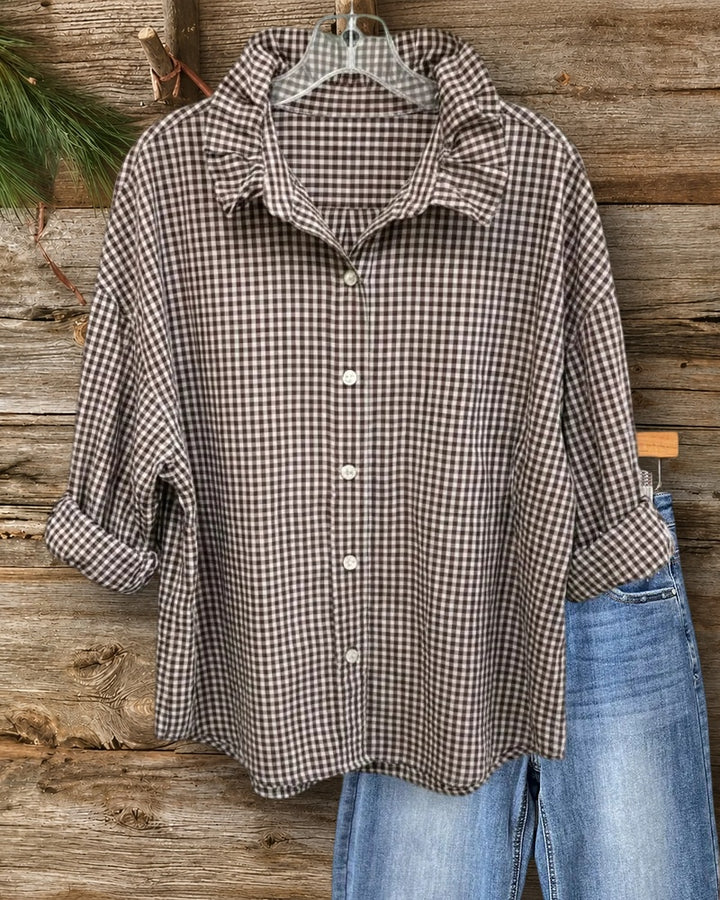 Ruffled Collar Gingham Button Up Long Sleeve Casual Shirt
