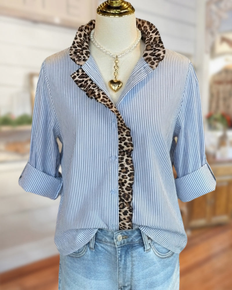 Striped Leopard Ruffled Trim Button Front Stylish Shirt
