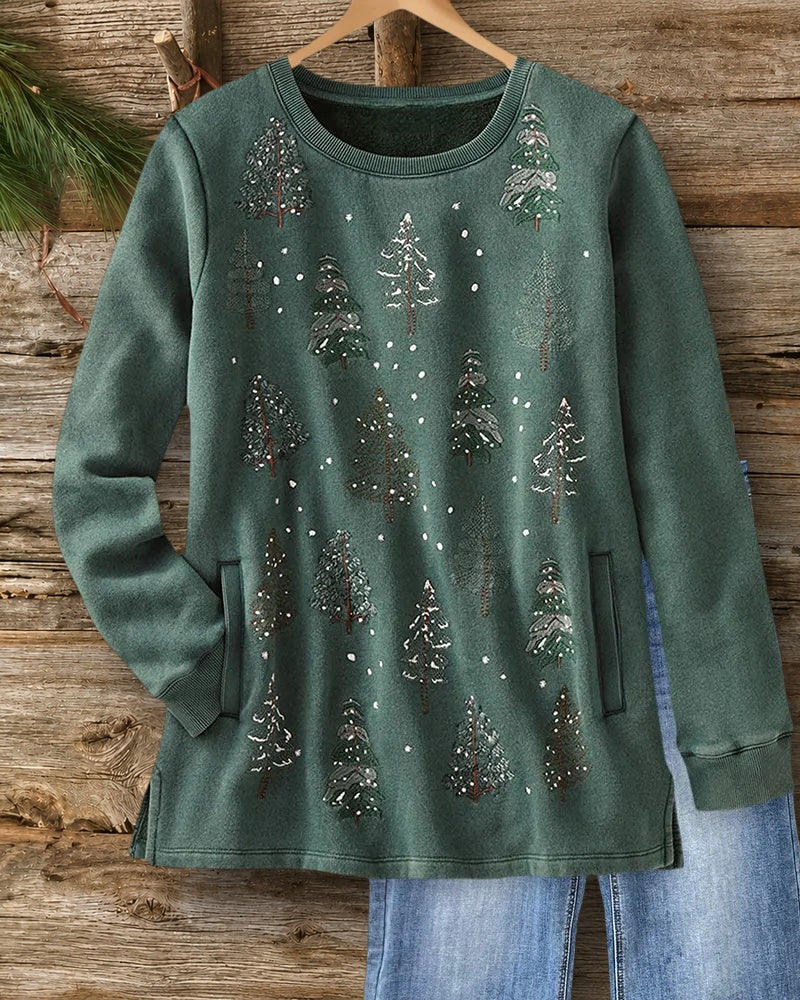 Tree Print Round Neck Casual Side Slit Sweatshirt