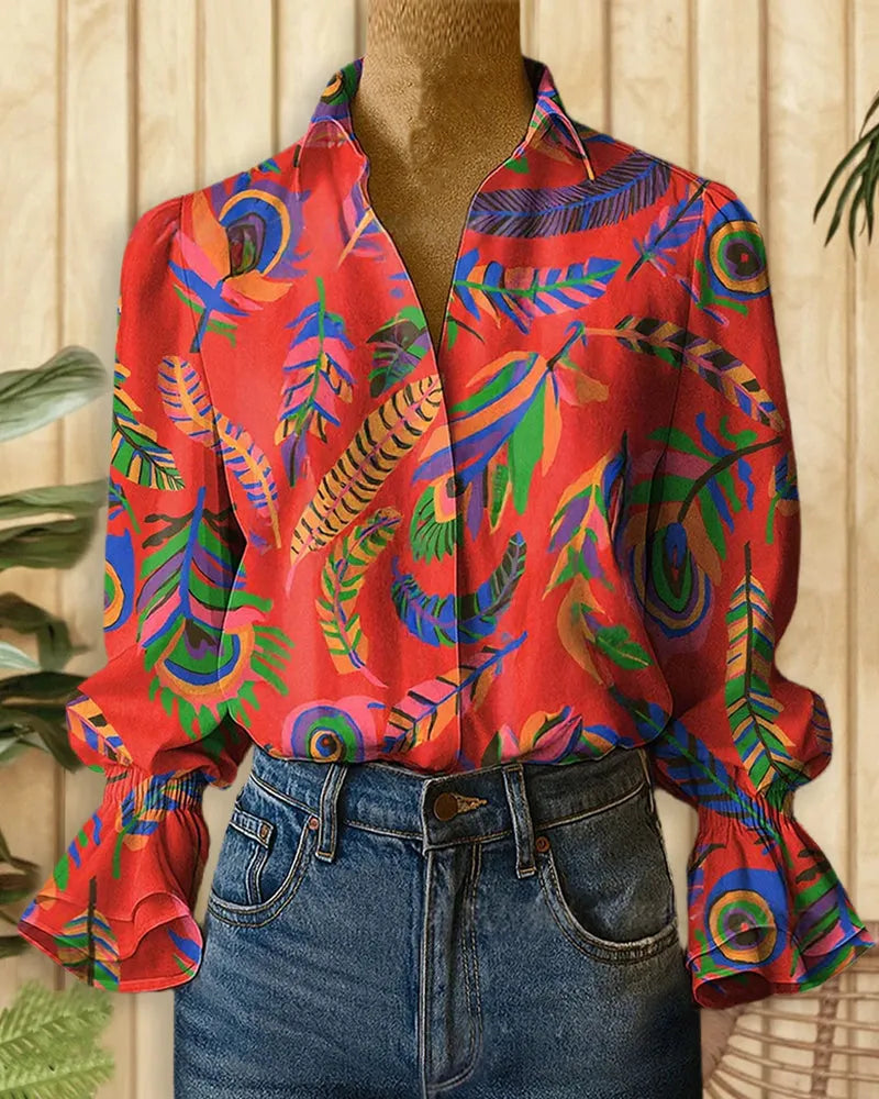 Floral Print Rocking Trumpet Sleeve Button Up Shirt