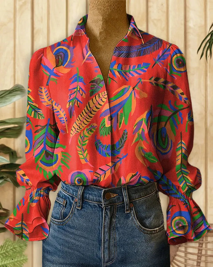 Floral Print Rocking Trumpet Sleeve Button Up Shirt