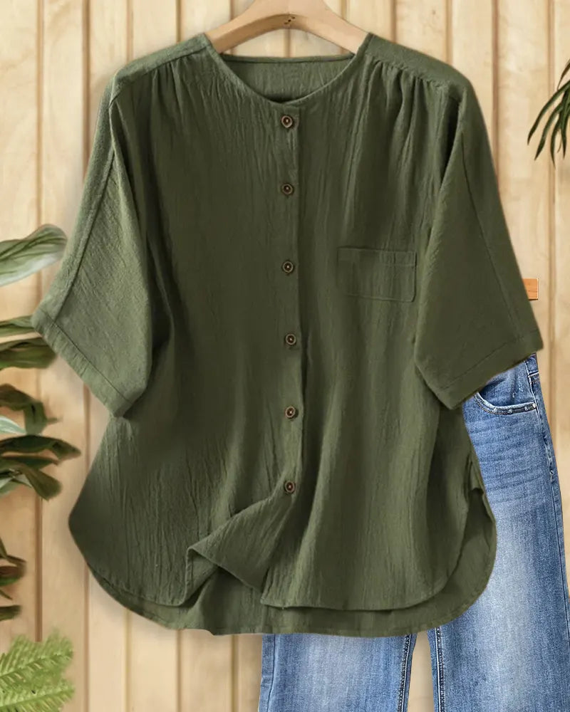 Solid Color Button Front Relaxed O Neck Blouse