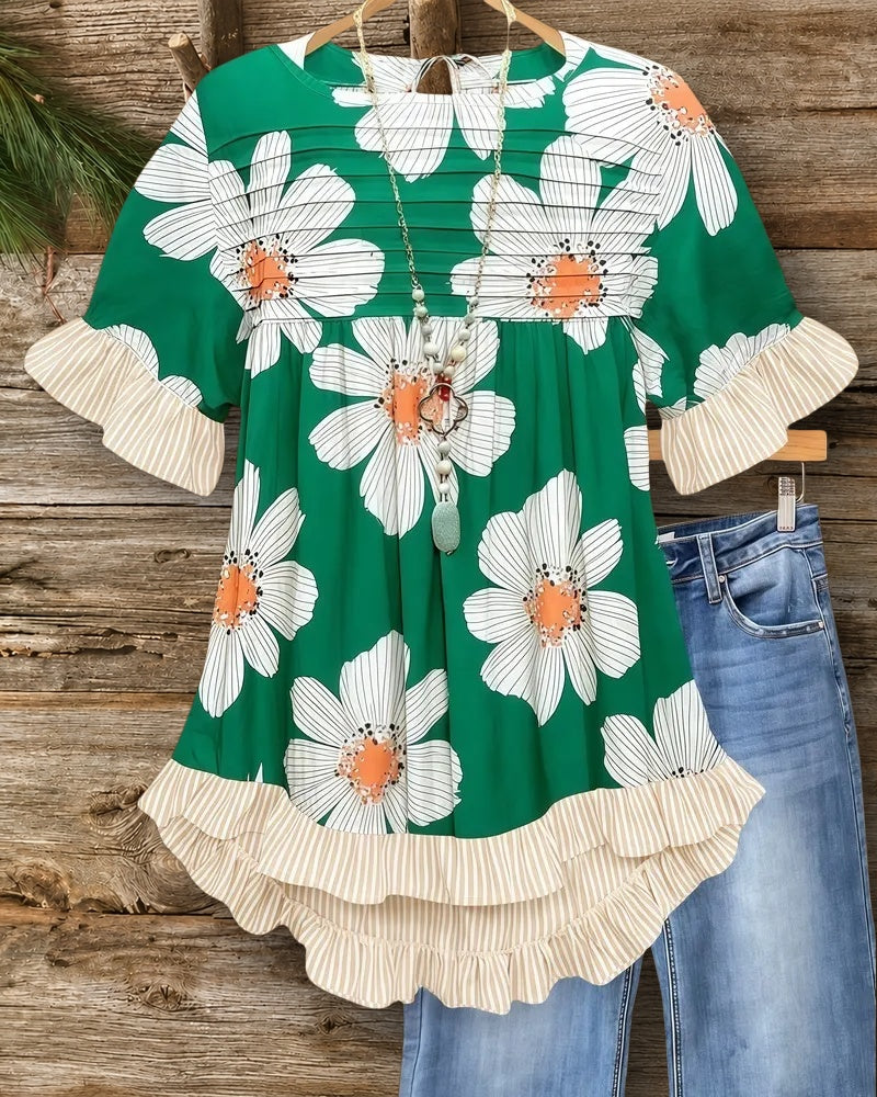 Floral Print Round Neck Playful Ruffles Trim Babydoll Blouse